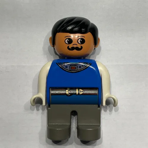 Duplo Figure, Early, with Short Parted Hair Black, Dark Gray Legs, White Arms, Moustache (Actor)