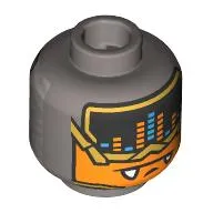 Minifig Head Silver / Gold Horned Demon, Visor with Music Equalizer, Orange Face with Gold Trim / Dark Azure Face with Silver Trim Print