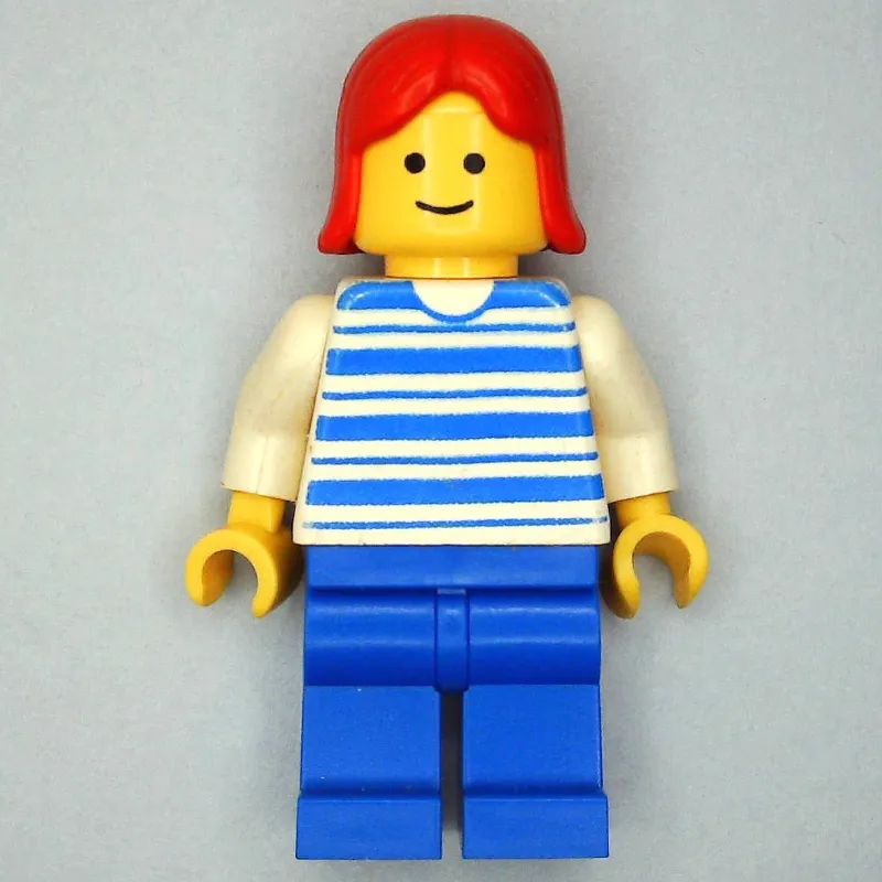Woman, Blue and White Stripe Shirt, Blue Legs, Red Hair