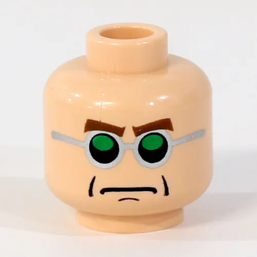 Minifig Head Dr Octopus (Doc Ock), Green and Silver Glasses, Brown Arched Eyebrows, Frown Print