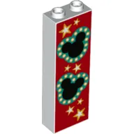 Brick 1 x 2 x 5 with Black Hidden Mickeys, Dark Turquoise Border, Stars and Red Background Print