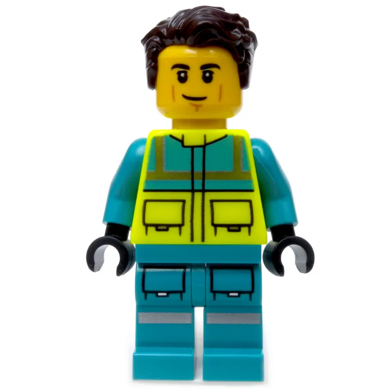 Paramedic, Vibrant Yellow Safety Vest, Dark Turquoise Legs, Dark Brown Hair