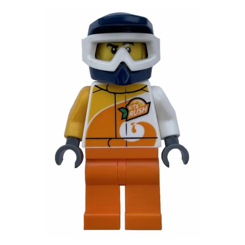 Racer, White and Orange Jumpsuit with 'VITA RUSH', Blue Helmet with Goggles, Stubble