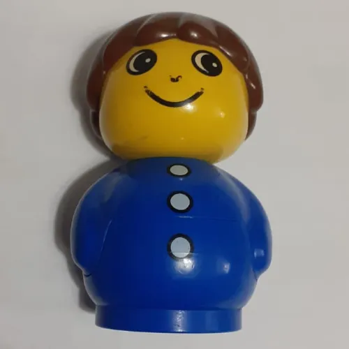 Primo Figure Boy with Blue Base, White Buttons Print, Brown Hair
