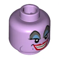 Minifig Head Ursula, Raised Eyebrows, Gray and Blue Eye Shadow, Eyelashes, Cheek and Chin Lines, Black Dot / Beauty Mark / Mole near Red Lips, Open Mouth Smile Print