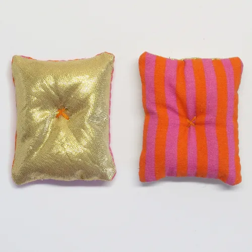 Belville, Pillow 6 x 7 Gold with Magenta / Orange Stripes on Reverse
