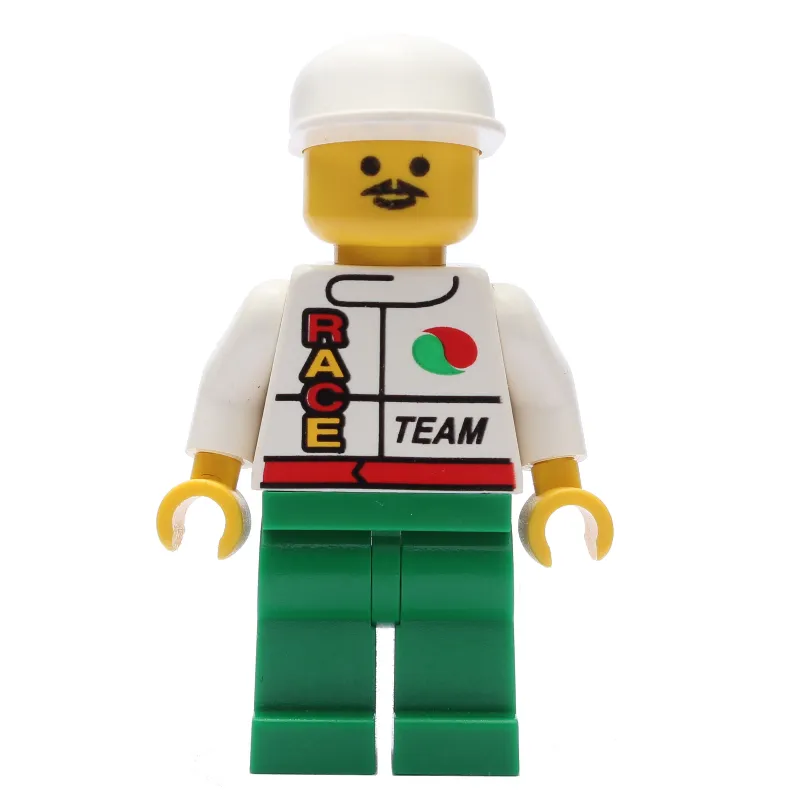 Racer, White Jacket with Octan Logo and 'RACE' and 'TEAM', Green Legs, White Cap, Moustache
