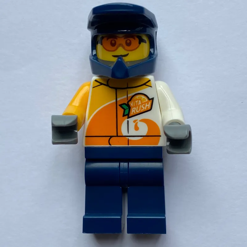 Stunt Driver, White and Orange Race Jacket, Dark Blue Legs and Helmet