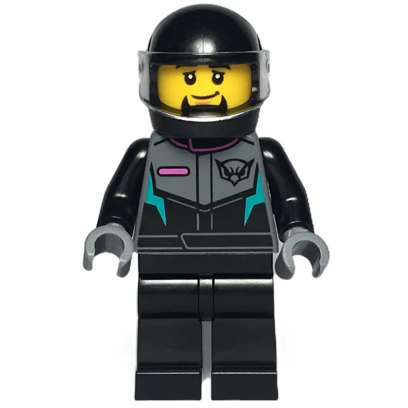 Race Driver, Black Racing Suit and Helmet with Visor, Goatee