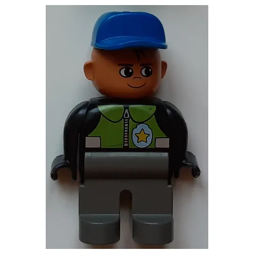Duplo Figure, Early, Cap Blue, Dark Gray Legs, Lime Vest and Police Badge Print