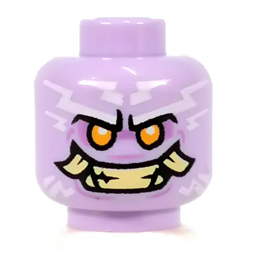 Minifig Head Poulerik / Thunder Keeper, Bright Light Orange Eyes, Tan Teeth Angry Smile, Fangs, White Lightning print