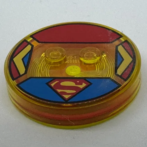 Function Brick Round 4 x 4 x 2/3 with 2 Studs and Yellow and Red Supergirl Logo Print