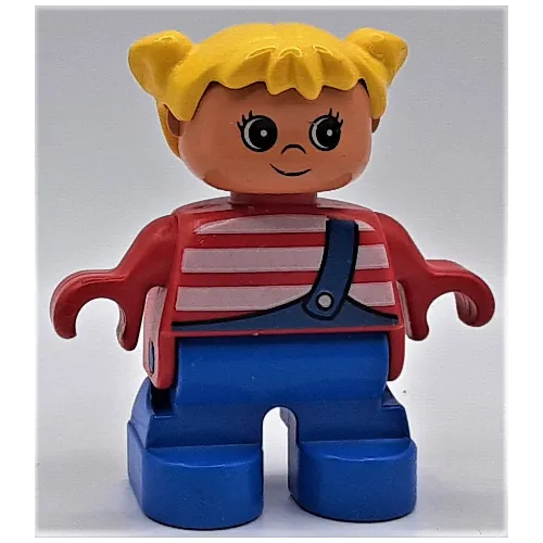 Duplo Figure, Early Child, with Pigtails Yellow, Blue Legs, White Stripes and Blue Overalls with One Strap Print