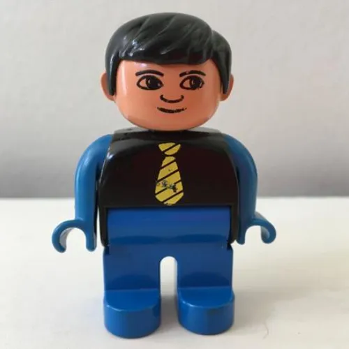 Duplo Figure, Early, with Short Parted Hair Black, Blue Legs, Yellow Tie, Blue Arms, no White in Eyes Print