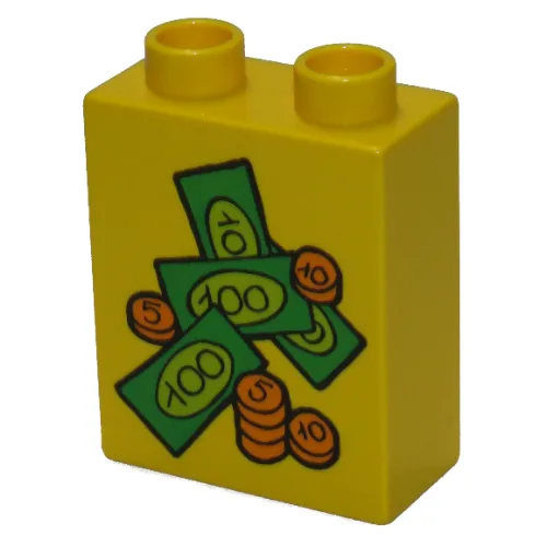 Duplo Brick 1 x 2 x 2 with Bills and Coins Print