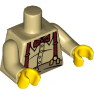 Torso Button Shirt over Pot Belly with Dark Red Bow Tie and Suspenders Print, Tan Arms, Yellow Hands