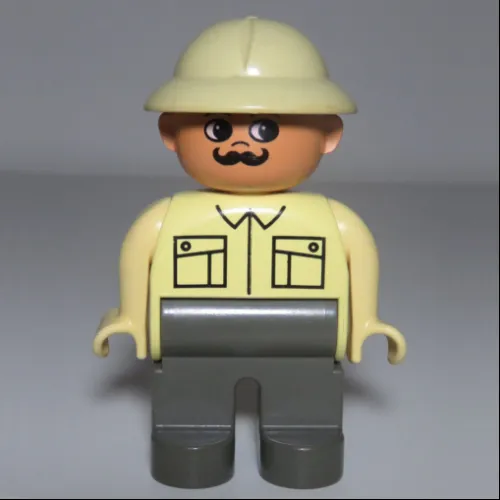 Duplo Figure, Early, Pith Helmet Tan, Dark Gray Legs, Collar and Patch Pockets, Moustache Print