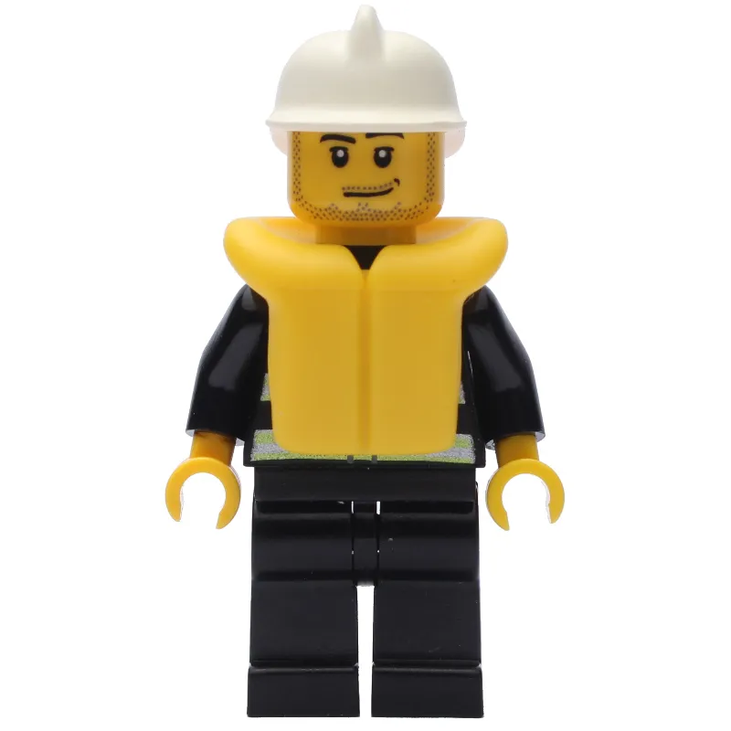 Fireman, Black Fire Jacket with Reflective Stripes, Radio, and Badge, White Helmet, Yellow Life Vest 2610, Stubble