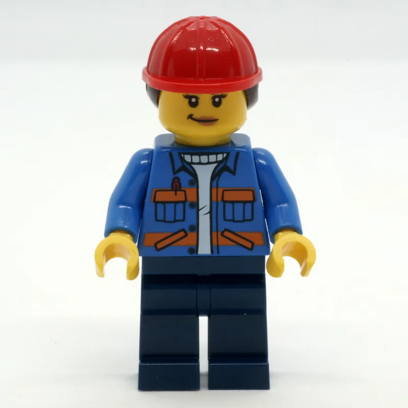 Construction Worker, Blue Safety Jacket, Dark Blue Legs, Red Hard Hat with Hair