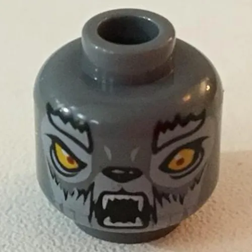 Minifig Head Wakz, Dual Sided, Wolf with Yellow Eyes, Fur, Eyebrows, Fangs, Closed Mouth / Open Mouth Print [Blocked Open Stud]
