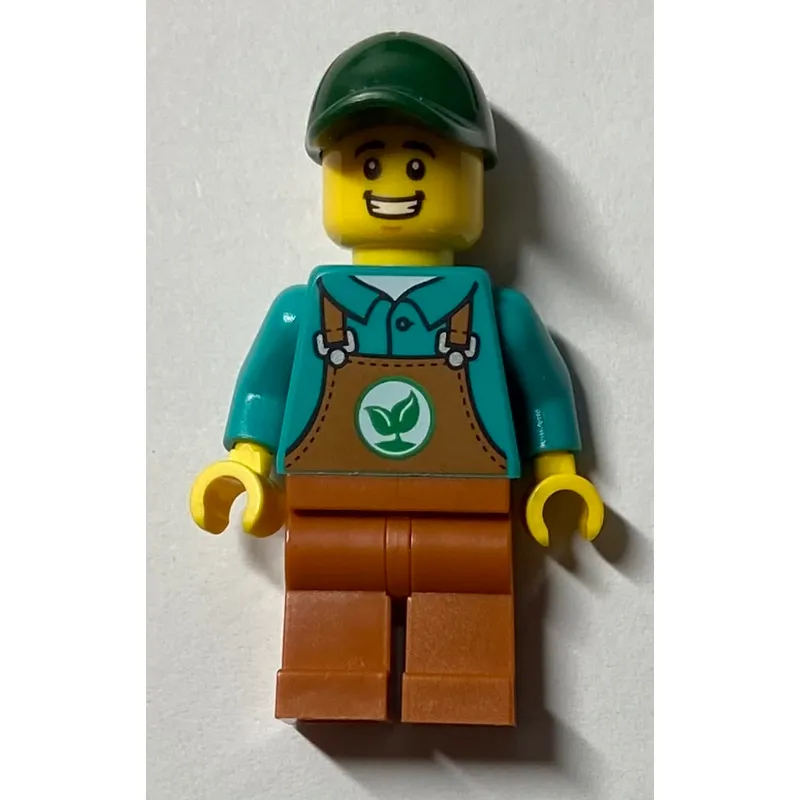 Gardener, Dark Turquoise Shirt, Dark Orange Overalls, Dark Green Cap