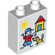 Duplo Brick 1 x 2 x 2 with Sun, House, Boy and Dog Print