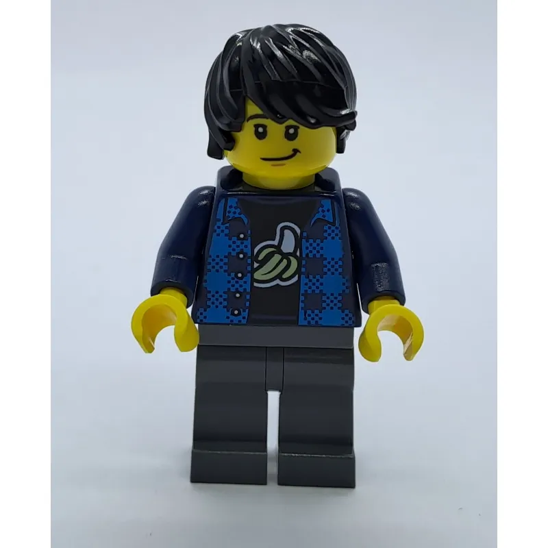 Man, Open Dark Blue Flannel Shirt over Top with Banana, Dark Bluish Gray Legs, Black Hair