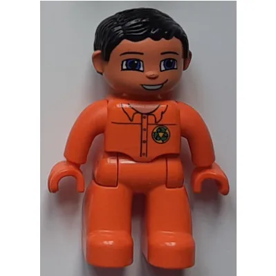 Duplo Figure with Parted Wavy Hair Black, Orange Hands, Green Recycling Logo Print (Garbage Collector)