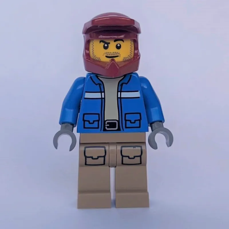 Man, Blue Jacket, Dark Red Dirt Bike Helmet