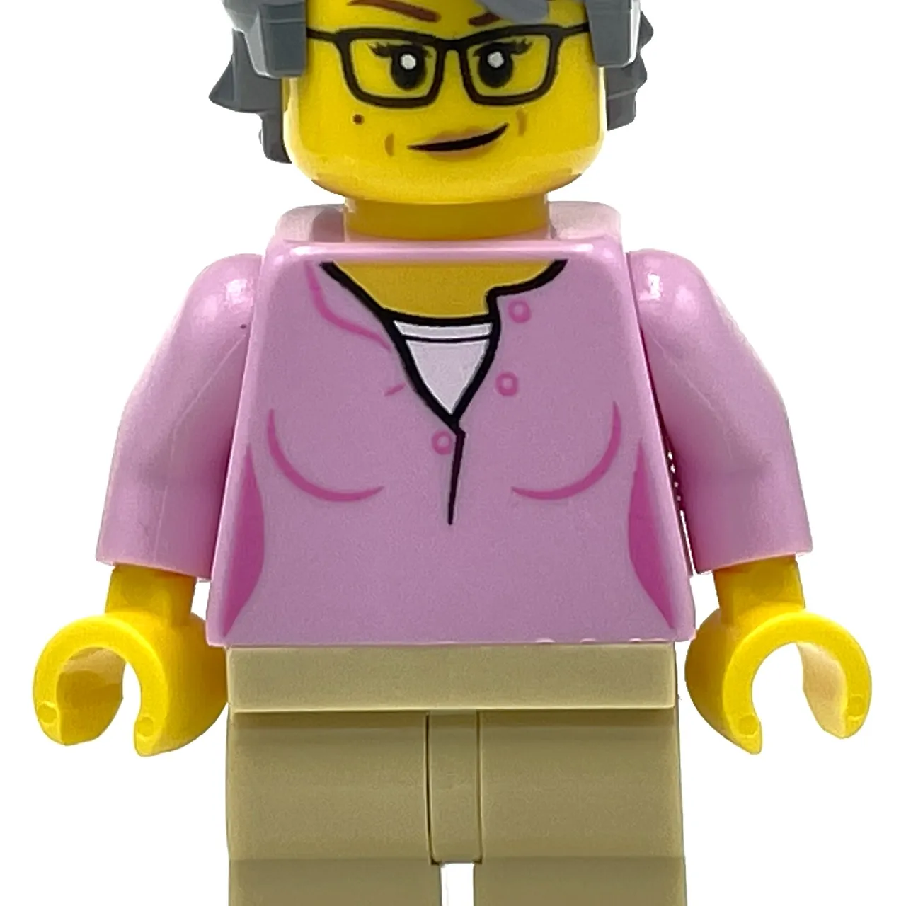 Bright Pink Torso, Tan Legs, Dark Bluish Grey Hair