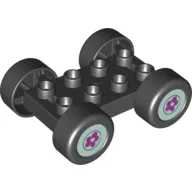 Duplo Car Base, 2 x 4 with Black Tires and Light Aqua Hub with Flower Wheels Print