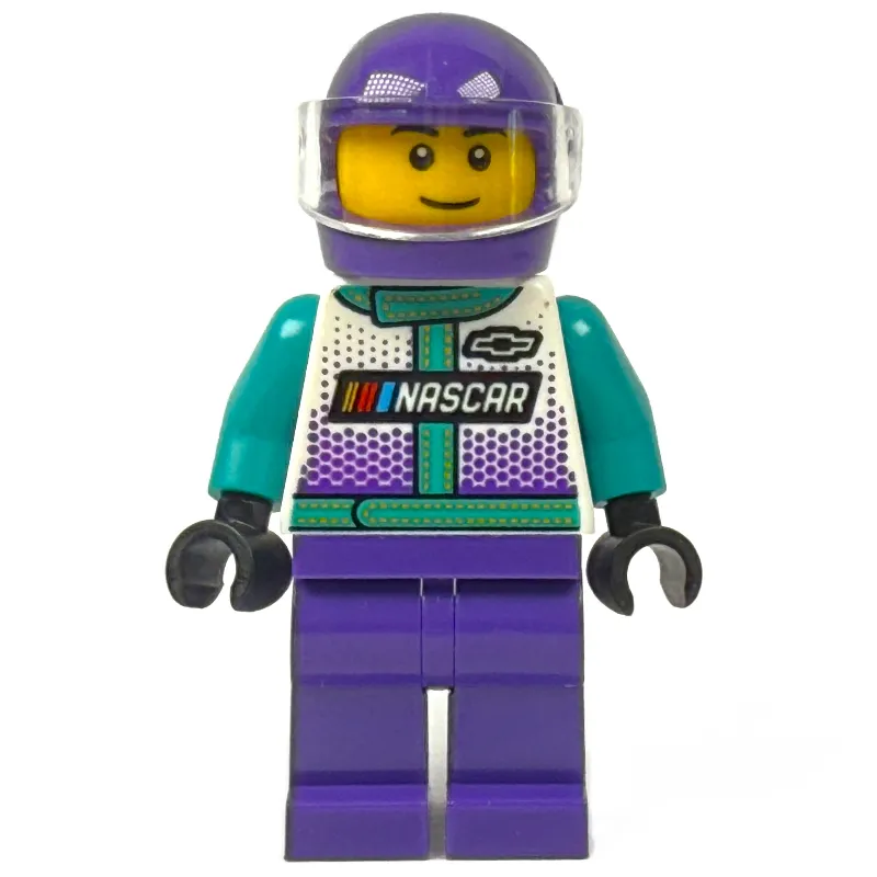 Race Driver, Dark Turquoise, White, and Dark Purple Race Suit, Dark Purple Helmet