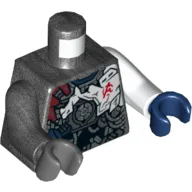 Torso, Odd Arms and Hands, Armor with Black, Dark Red, and Dark Blue Plates and Red Avengers Logo Print (Ultron MK1), Left White Arm and Dark Blue Hand, Right Pearl Titanium Arm and Dark Bluish Gray Hand