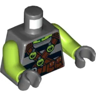 Torso Shirt with Black Stripes, Reddish Brown Cross Straps with Lime Round Bottles, Reddish Brown Belt with Pouches Print, Lime Arms, Dark Bluish Gray Hands