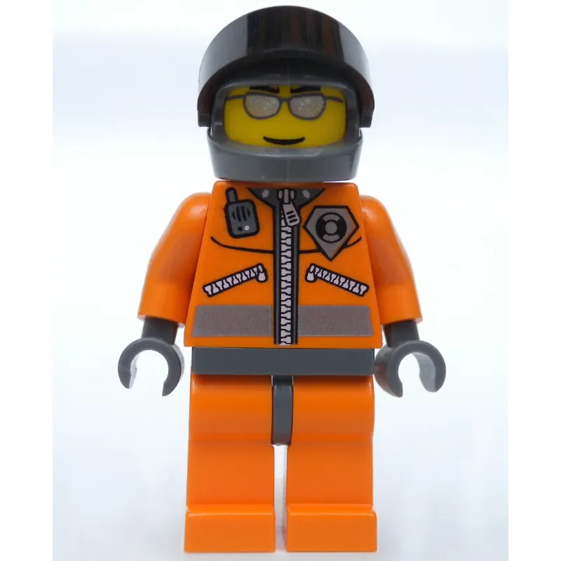 Coast Guard, Orange Jumpsuit with Zipper, Radio, and Badge, Dark Gray Hands, Dark Bluish Gray Helmet with Visor, Silver Sunglasses