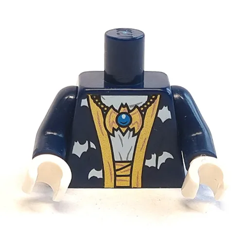 Torso Robe with Gold Trim, White Bats, Gold Bat Amulet Print, Dark Blue Arms, White Hands