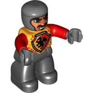 Duplo Figure with Rounded Head with Black Legs, Black Dragon on Shield, Red Arms, Dark Bluish Gray Hands, Smile Print