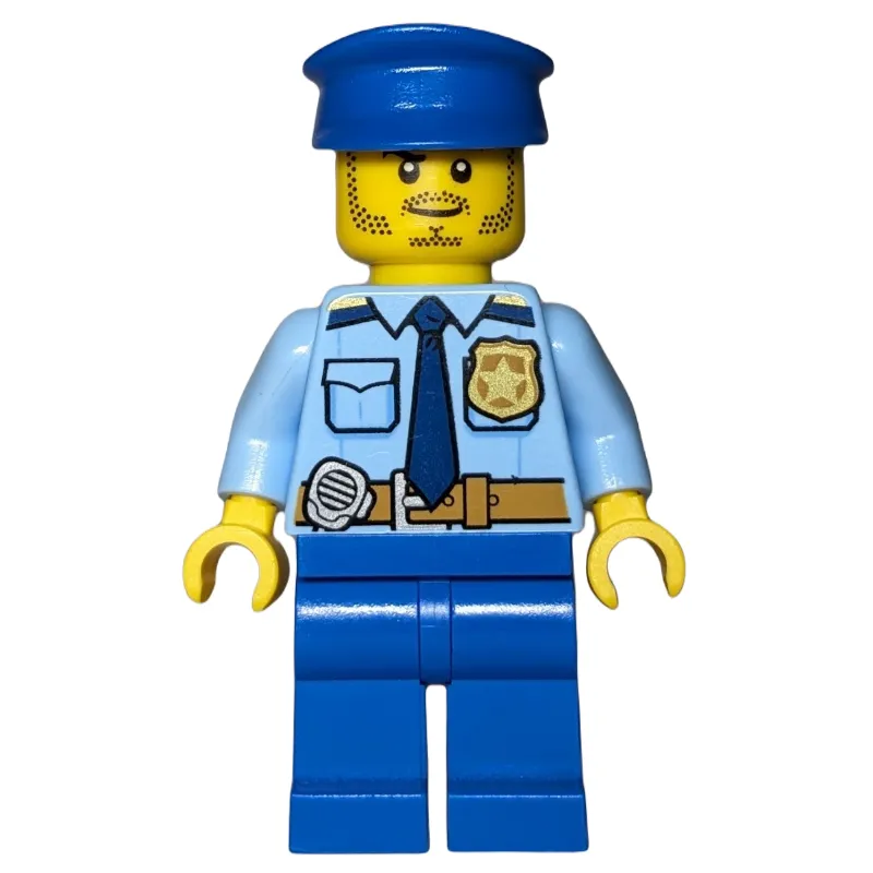 Policeman, Bright Light Blue Shirt with Dark Blue Tie, Badge, and Radio on Belt, Blue Legs, Blue Hat