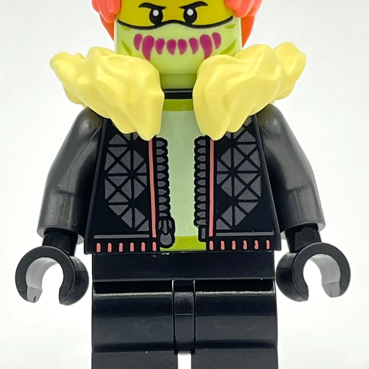 Black Torso, Black Legs, Bright Light Yellow Fur Collar, Coral Hair