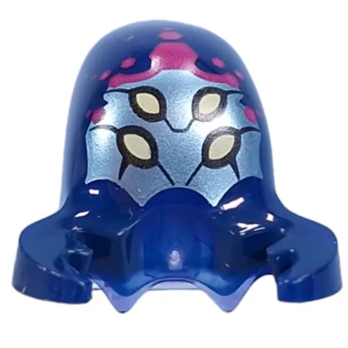 Minifig Head Alien with Stretched Head, with Dark Blue Claws Pattern, Metal Sand Green Face, 4 Bright Light Yellow Eyes, Magenta Hexagons Print