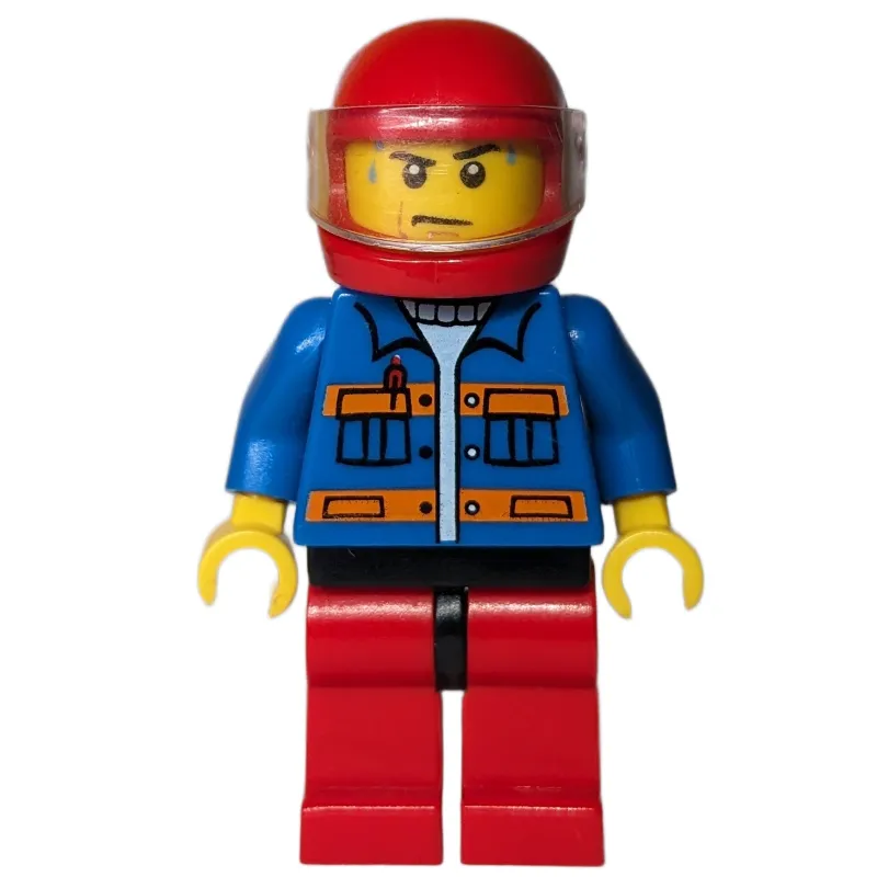 Man, Blue Jacket with Orange Stripes, Red Legs, Red Helmet with Visor