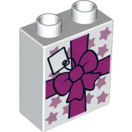 Duplo Brick 1 x 2 x 2 with Bottom Tube and Bow and Gift Tag Print
