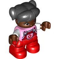 Duplo Figure Child with Ponytails and Bangs Black, with Red Legs, Red Dungarees with Flower Print