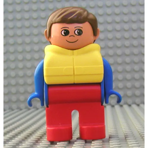 Duplo Figure, Early, with Short Parted Hair Brown, Red Legs, Yellow Life Jacket