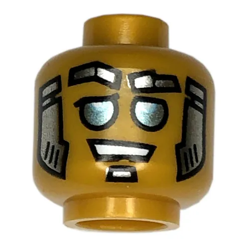 Minifig Head Bass Bot, Blue Eyes, Silver and Gold Sideburns and Goatee print