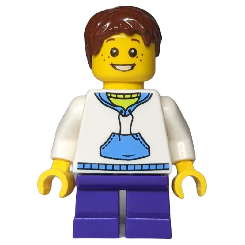 Boy, White and Blue Hoodie, Short Dark Purple Legs, Reddish Brown Hair