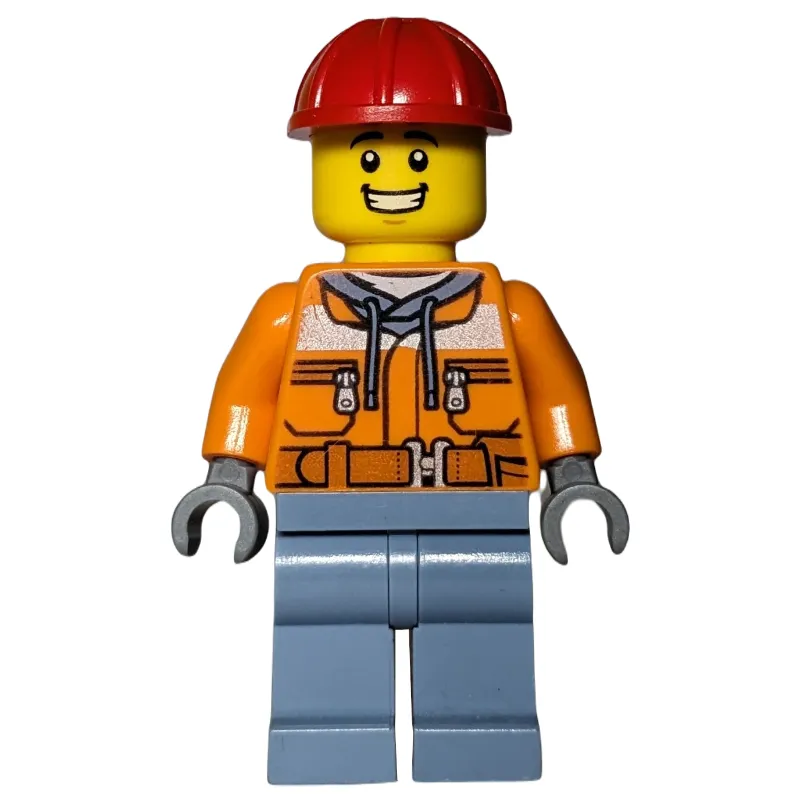 Construction Worker, Safety Jacket over Hoodie with Belt, Sand Blue Legs, Red Hard Hat