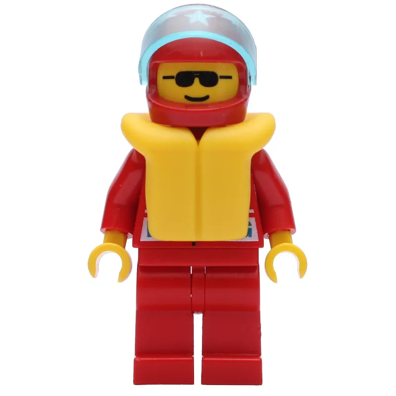 Racer, Red Jacket with Octan Logo and 'RACING', Red Legs, Red Helmet with Star and Visor, Yellow Life Vest, Sunglasses