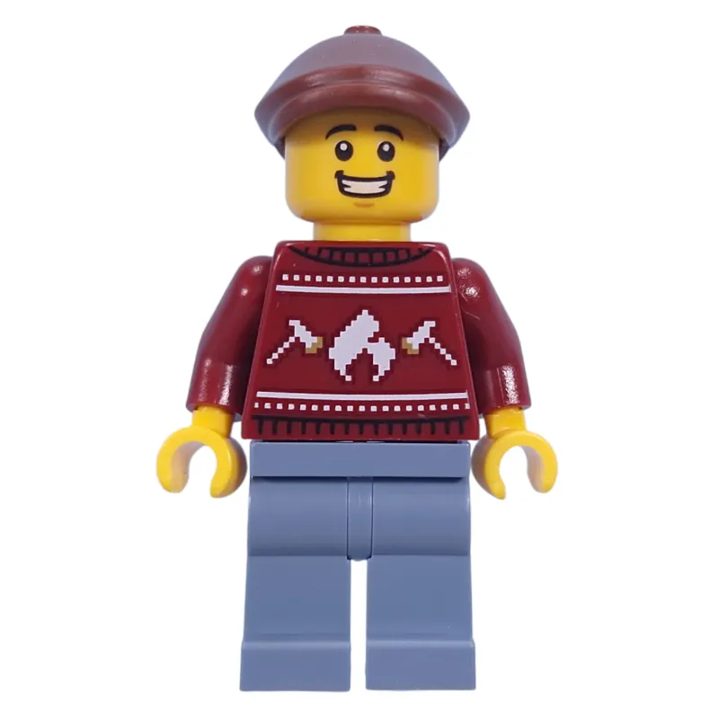 Dark Red Sweater, Sand Blue Legs, Reddish Brown Cap