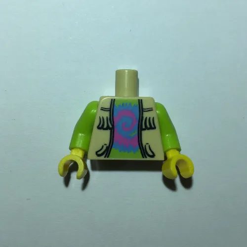 Torso Vest with Fringe over Lime Top with Pink and Blue Swirl Print, Lime Arms, Yellow Hands